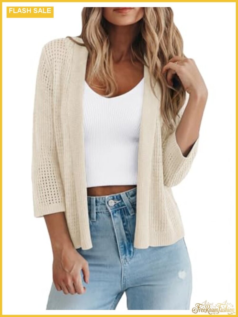 Openwork Knit Shrug Cardigan 3/4 Sleeve 100% Viscose Casual Spring Sweater